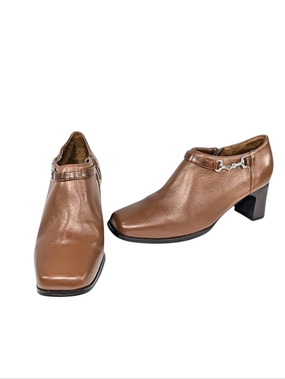 AJ Valenci 7 Brown Leather Zip Ankle Bootie Block Heel Buckle Accent